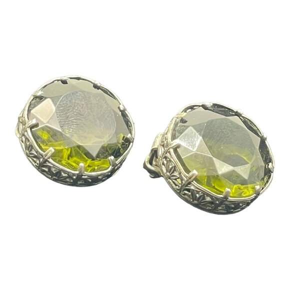 Vintage Made in Austria Dark Green Headlight Silver-tone Clip on Earrings HTF - Picture 6 of 16